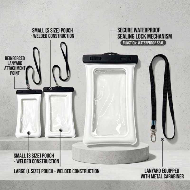 Lock-clip fold seal and waterproof zipper closures with reinforced lanyard anchor on phone pouches